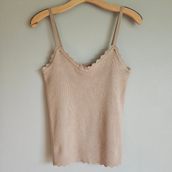 Sweet Wanderer Tank Top Size Large Beige Knit Ribbed Stretch Scallop Hem Neutral - Picture 1 of 10